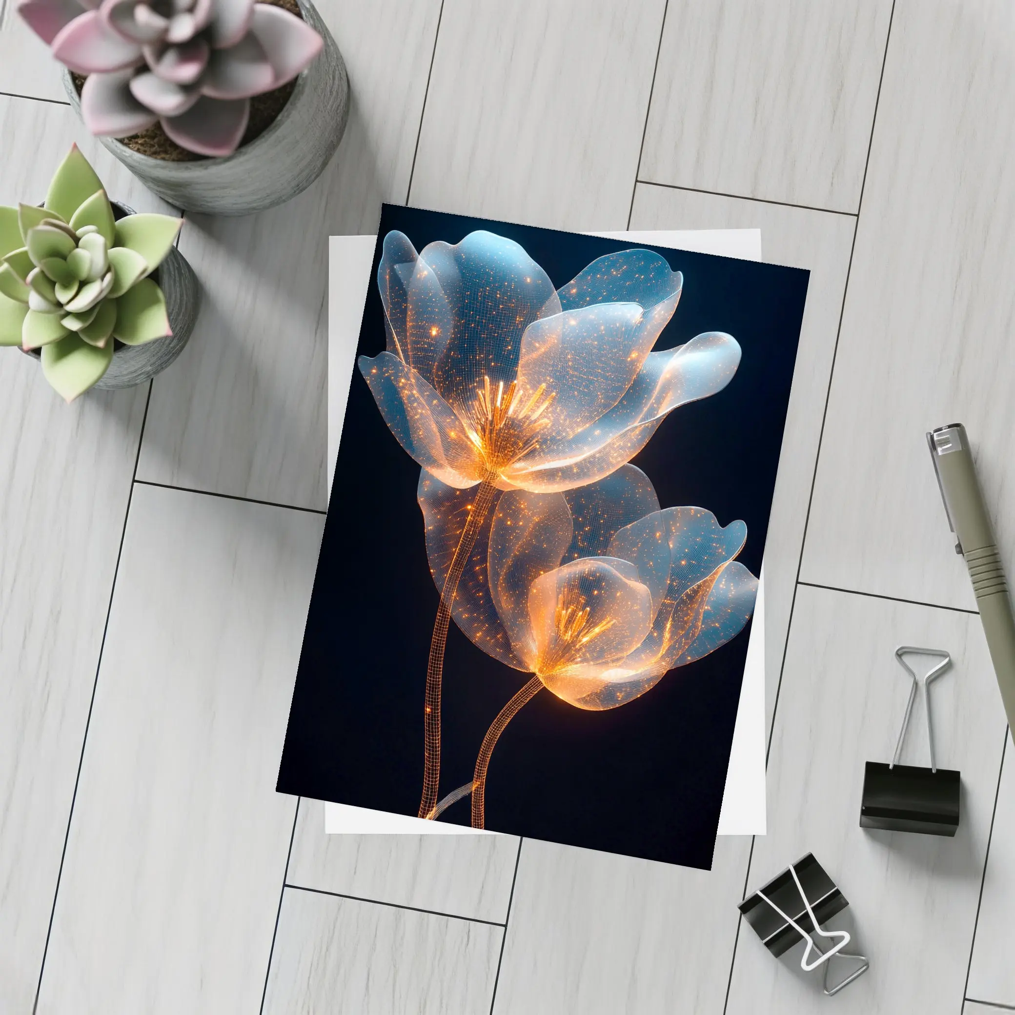 Glowing Translucent Flowers Blue Orange Dark Background – Postcards