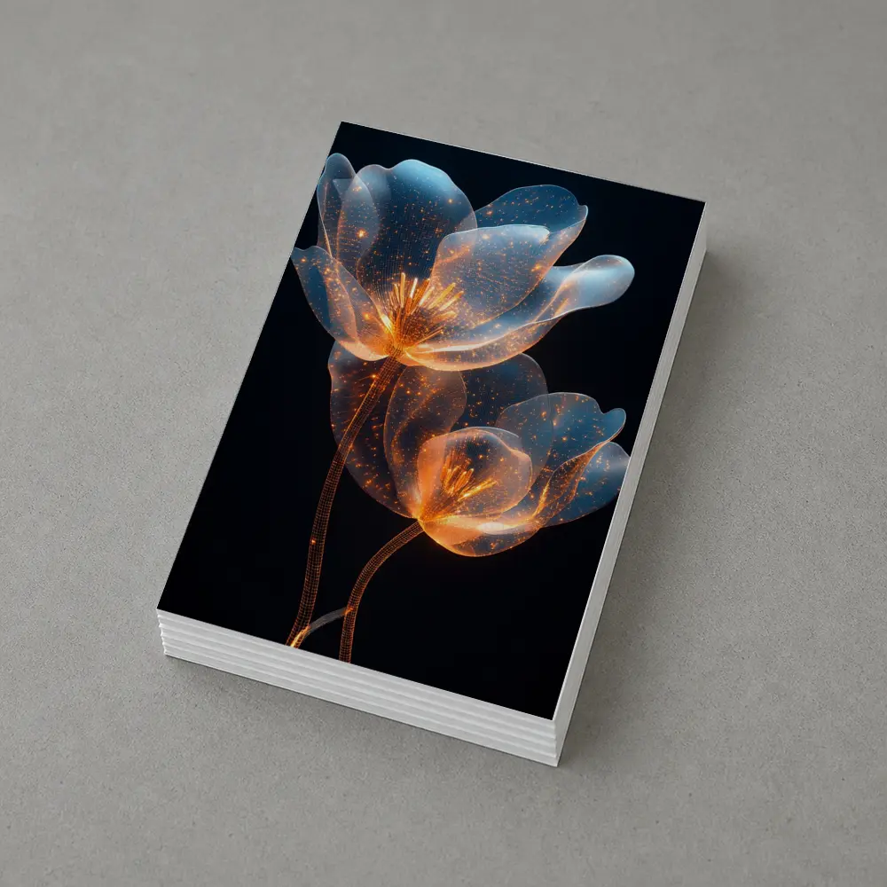 Glowing Translucent Flowers Blue Orange Dark Background – Postcards