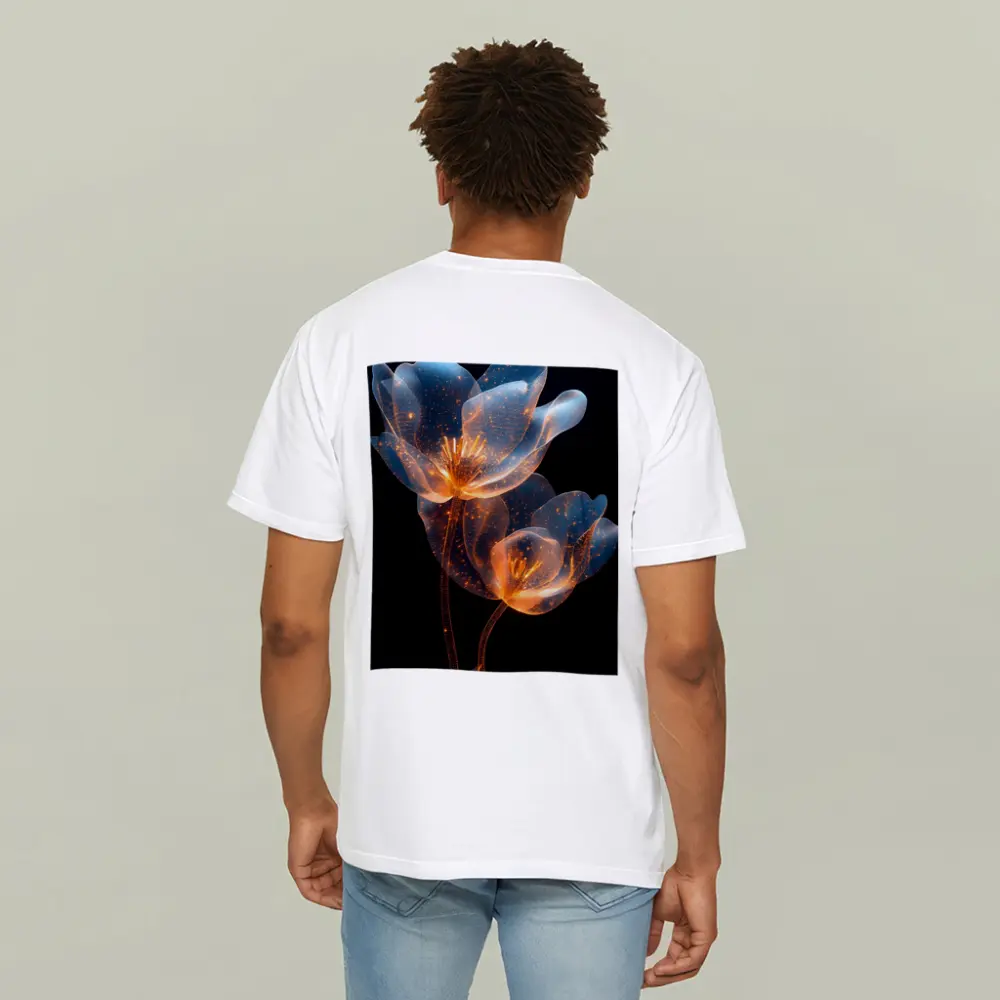 Glowing Translucent Flowers Blue Orange Dark Background – T-Shirts