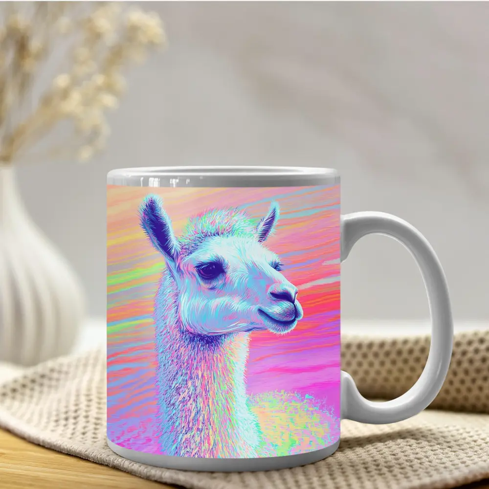 Pastel Rainbow Alpaca Llama Portrait Art – Mugs