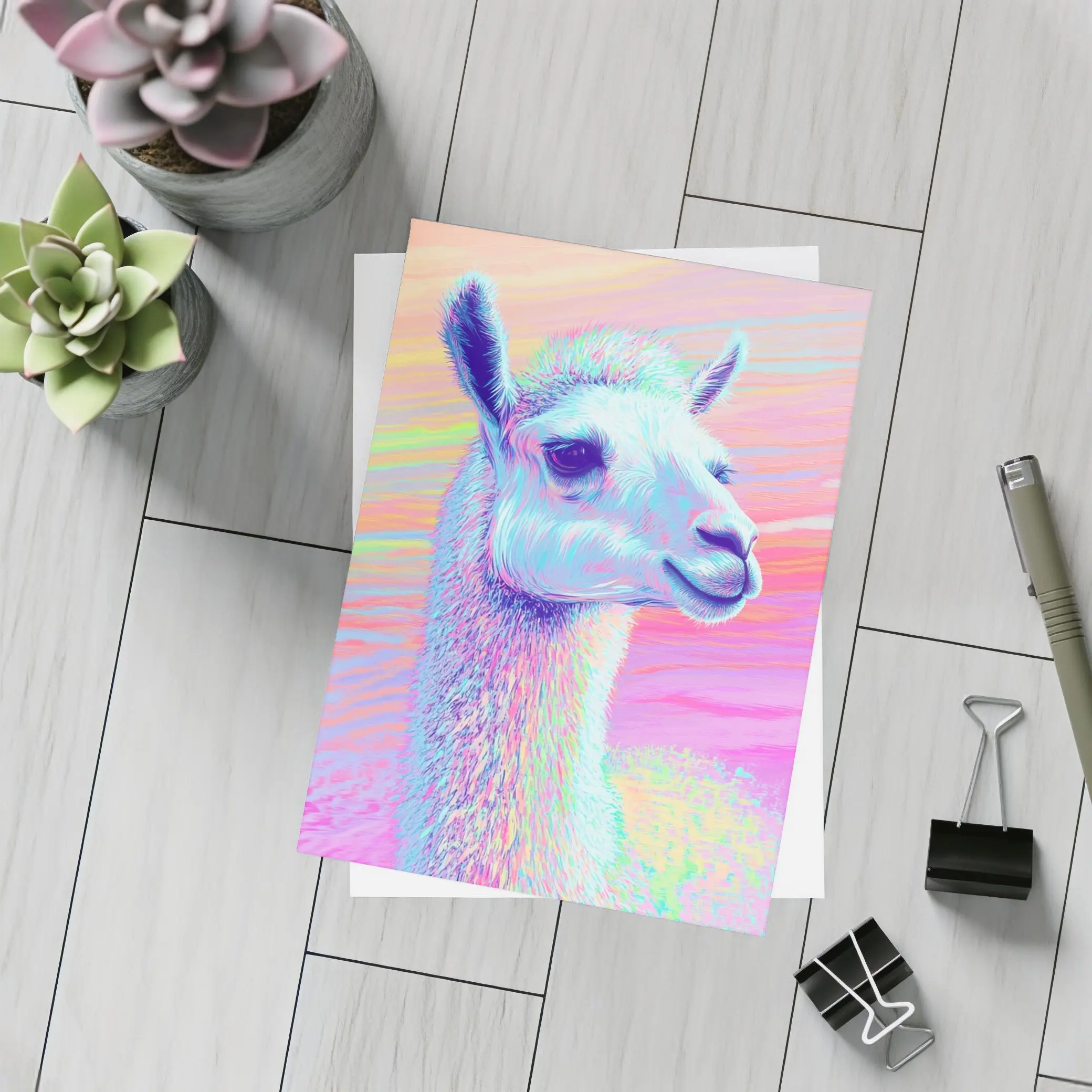 Pastel Rainbow Alpaca Llama Portrait Art – Postcards