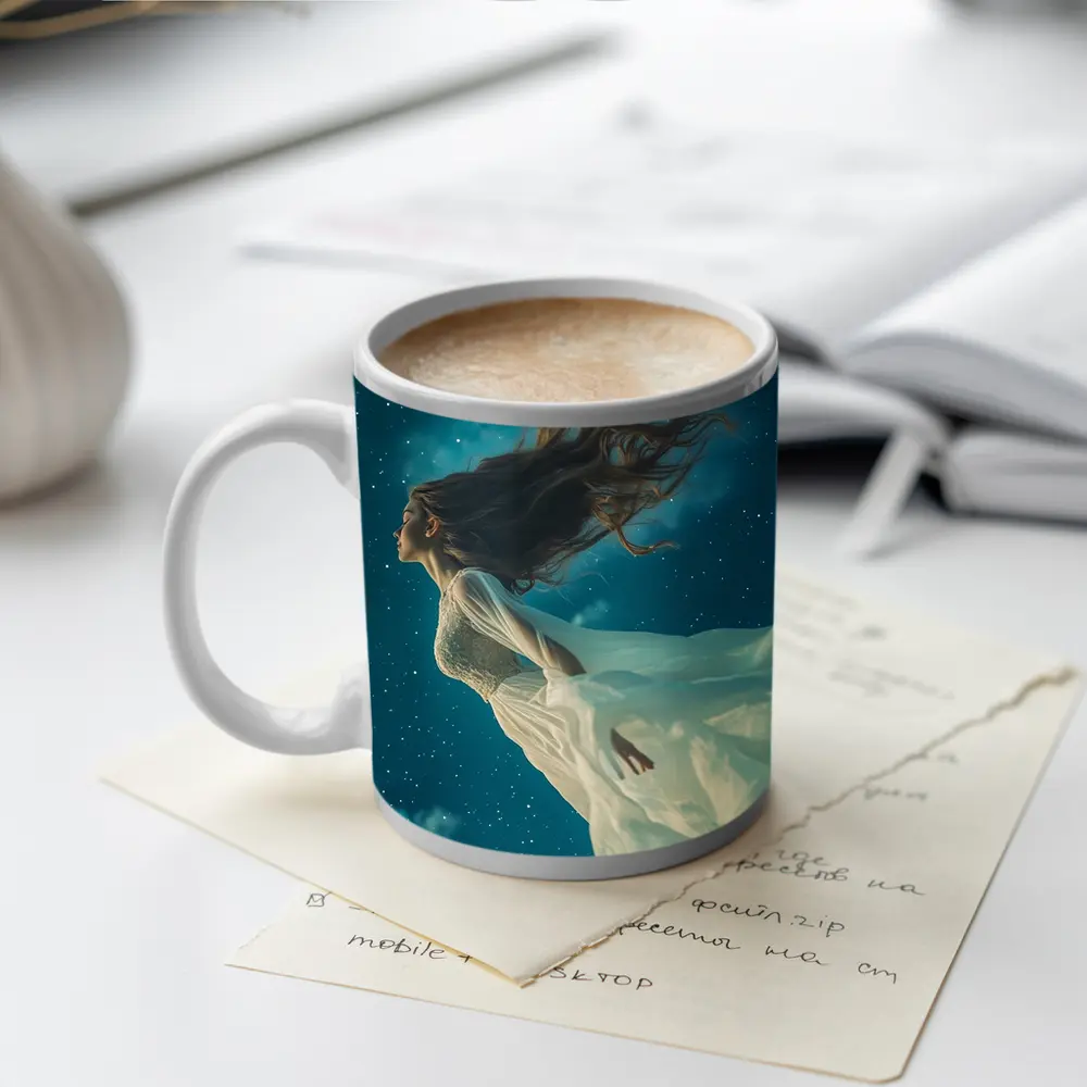 Woman Floating in Starry Night Sky – Mugs