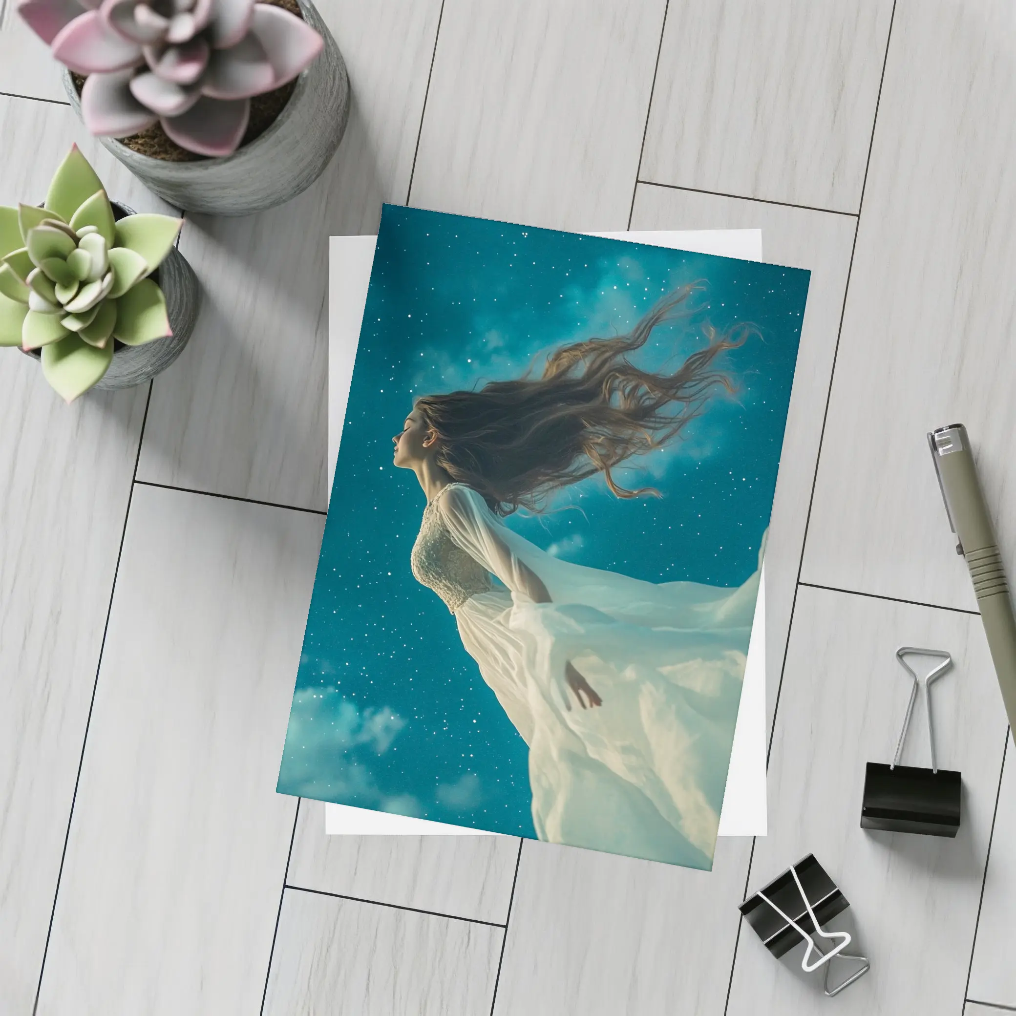 Woman Floating in Starry Night Sky – Postcards