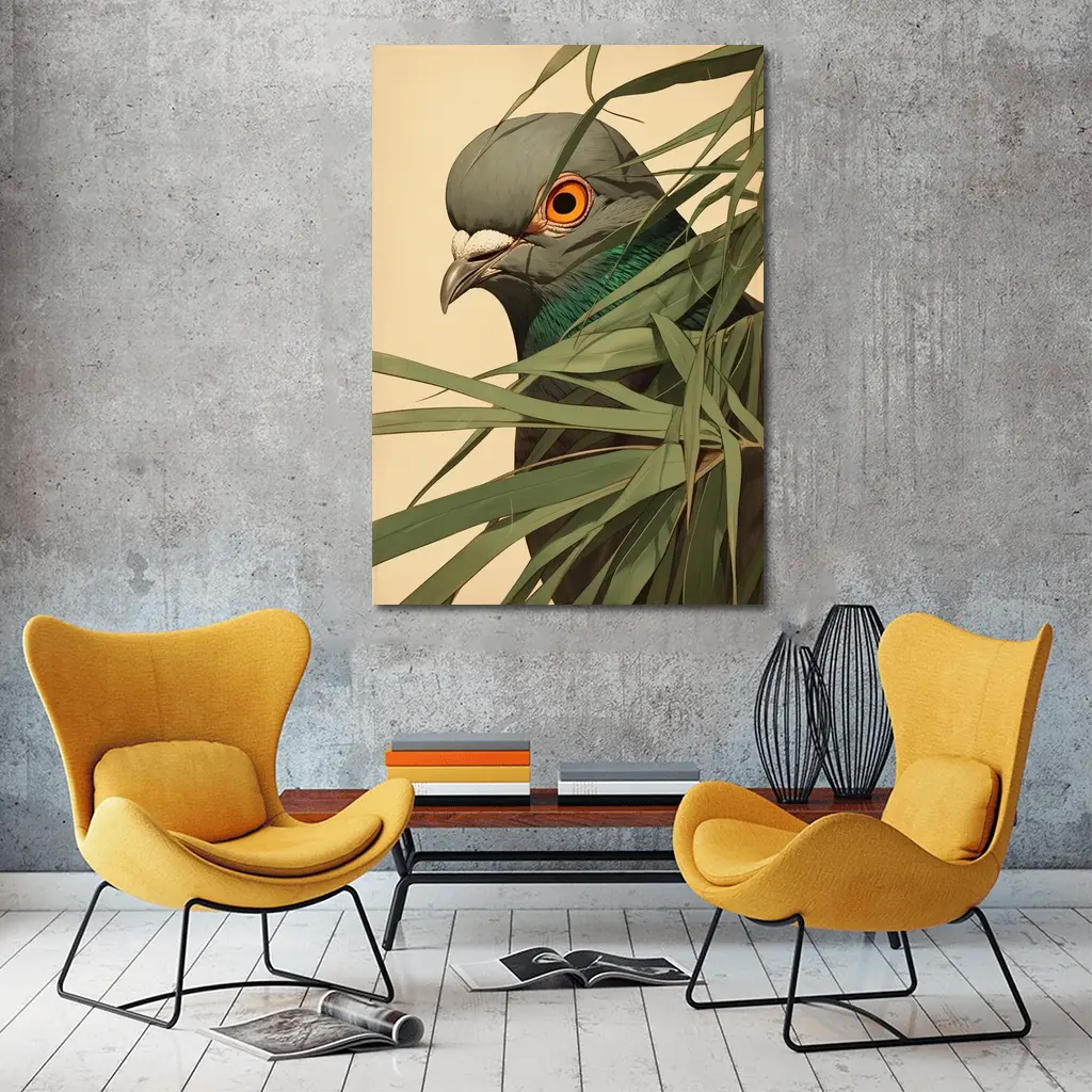 Pigeon Portrait Peering Through Green Leaves – Wall Art