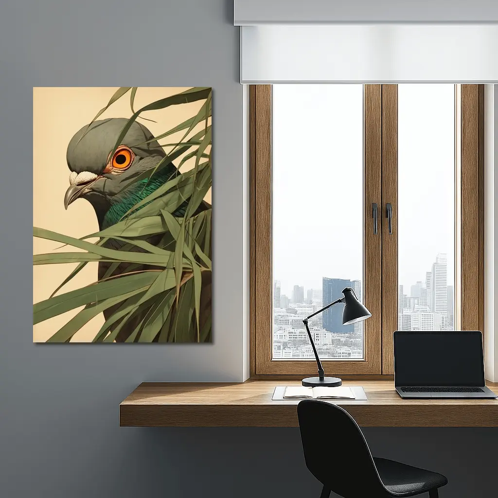 Pigeon Portrait Peering Through Green Leaves – Wall Art
