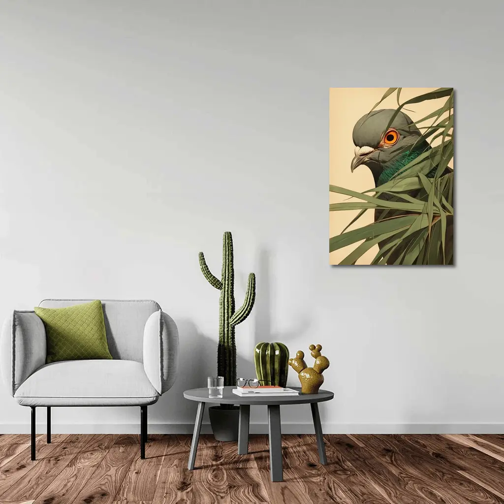 Pigeon Portrait Peering Through Green Leaves – Wall Art