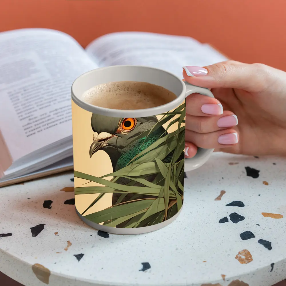 Pigeon Portrait Peering Through Green Leaves – Mugs
