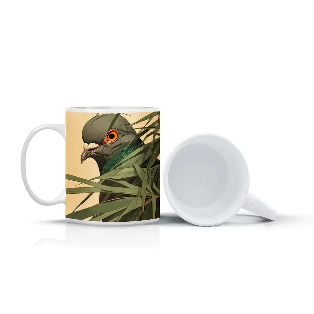 Pigeon Portrait Peering Through Green Leaves – Mugs