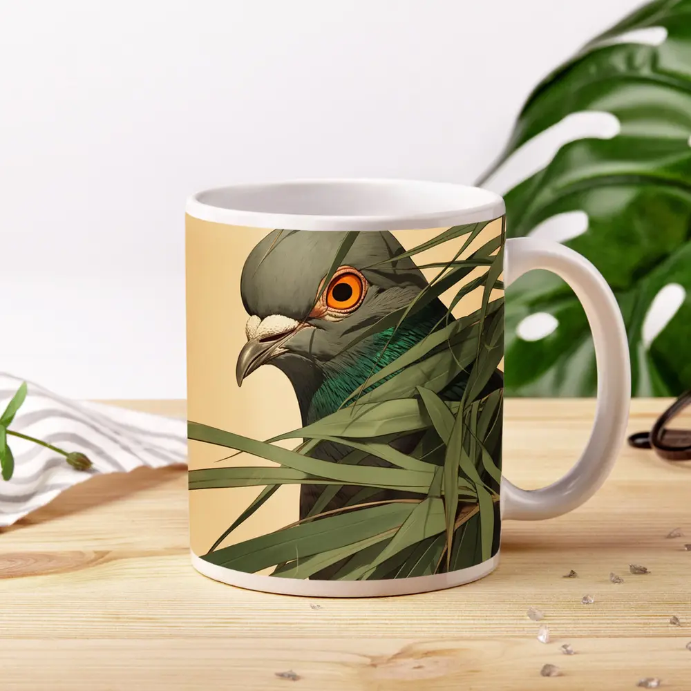 Pigeon Portrait Peering Through Green Leaves – Mugs