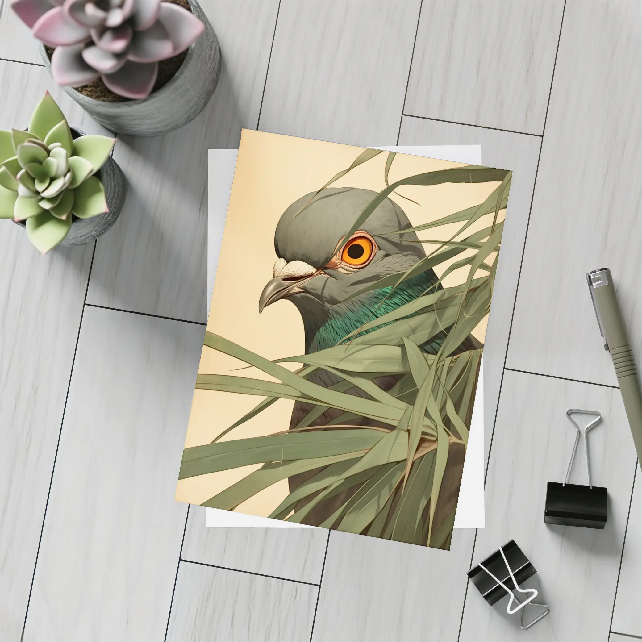 Pigeon Portrait Peering Through Green Leaves – Postcards