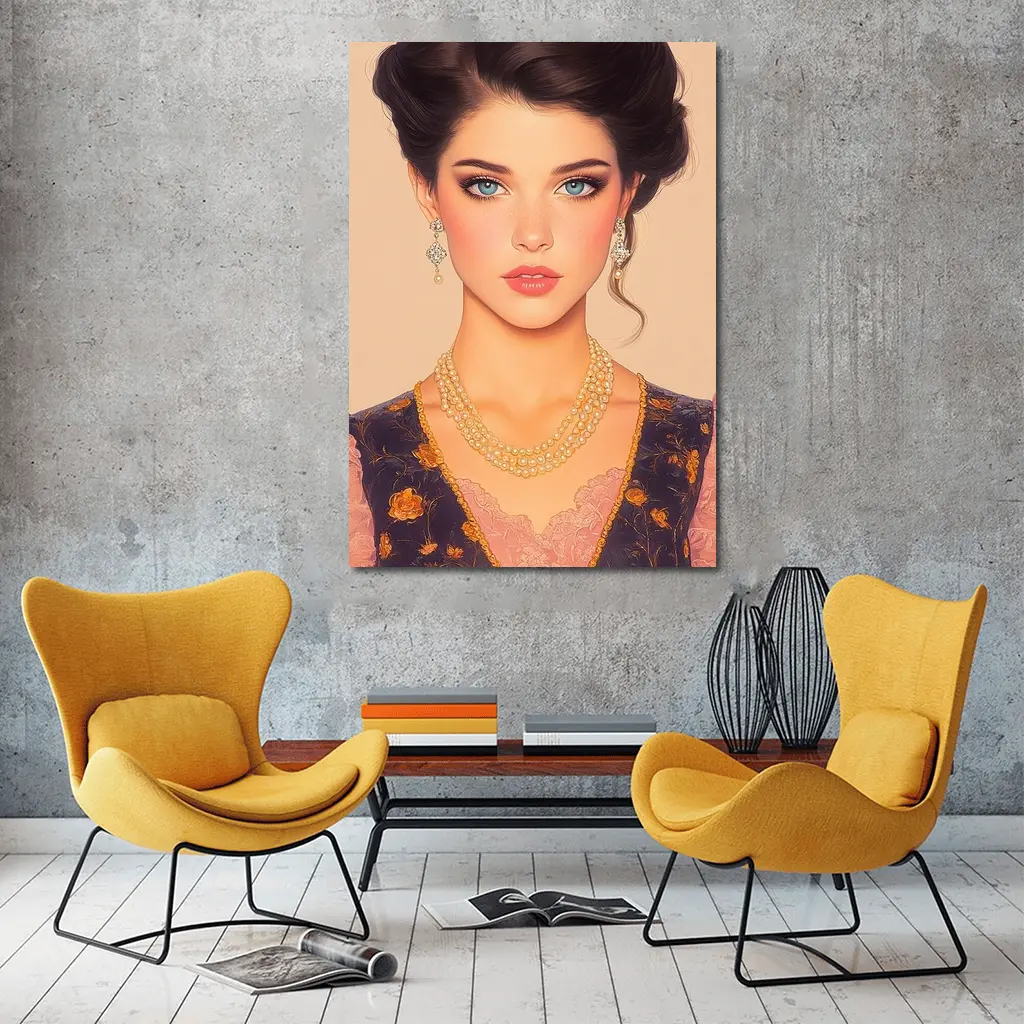 Elegant Dark Haired Woman Portrait Illustration Art – Wall Art