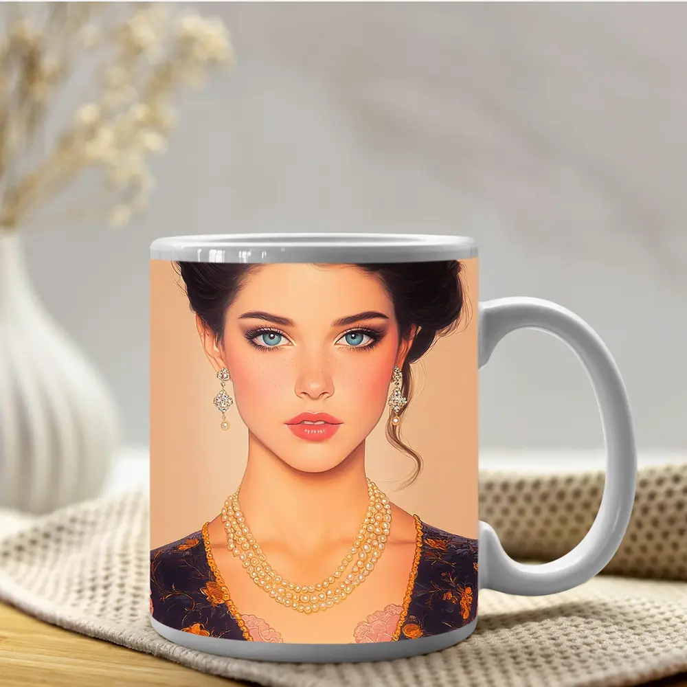 Elegant Dark Haired Woman Portrait Illustration Art – Mugs