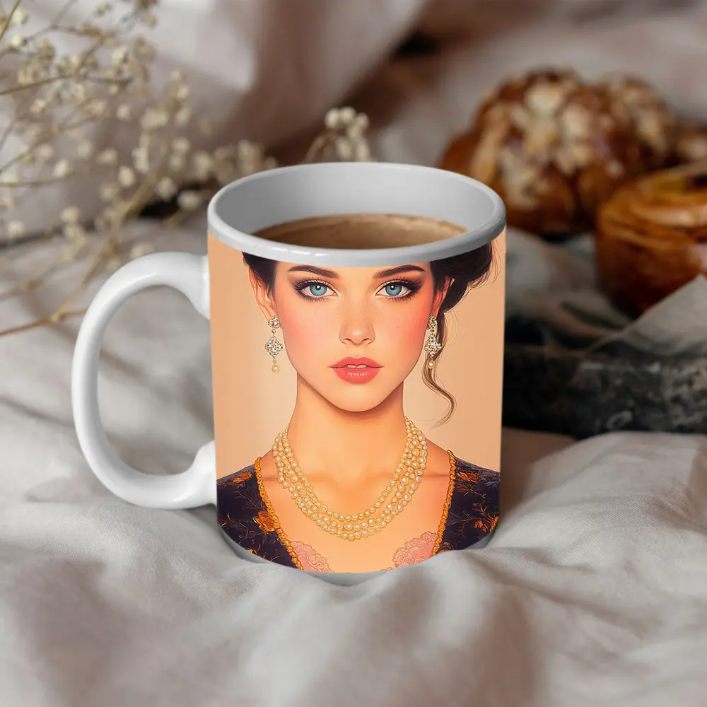 Elegant Dark Haired Woman Portrait Illustration Art – Mugs