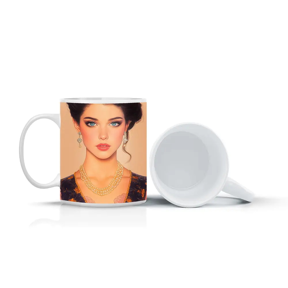 Elegant Dark Haired Woman Portrait Illustration Art – Mugs