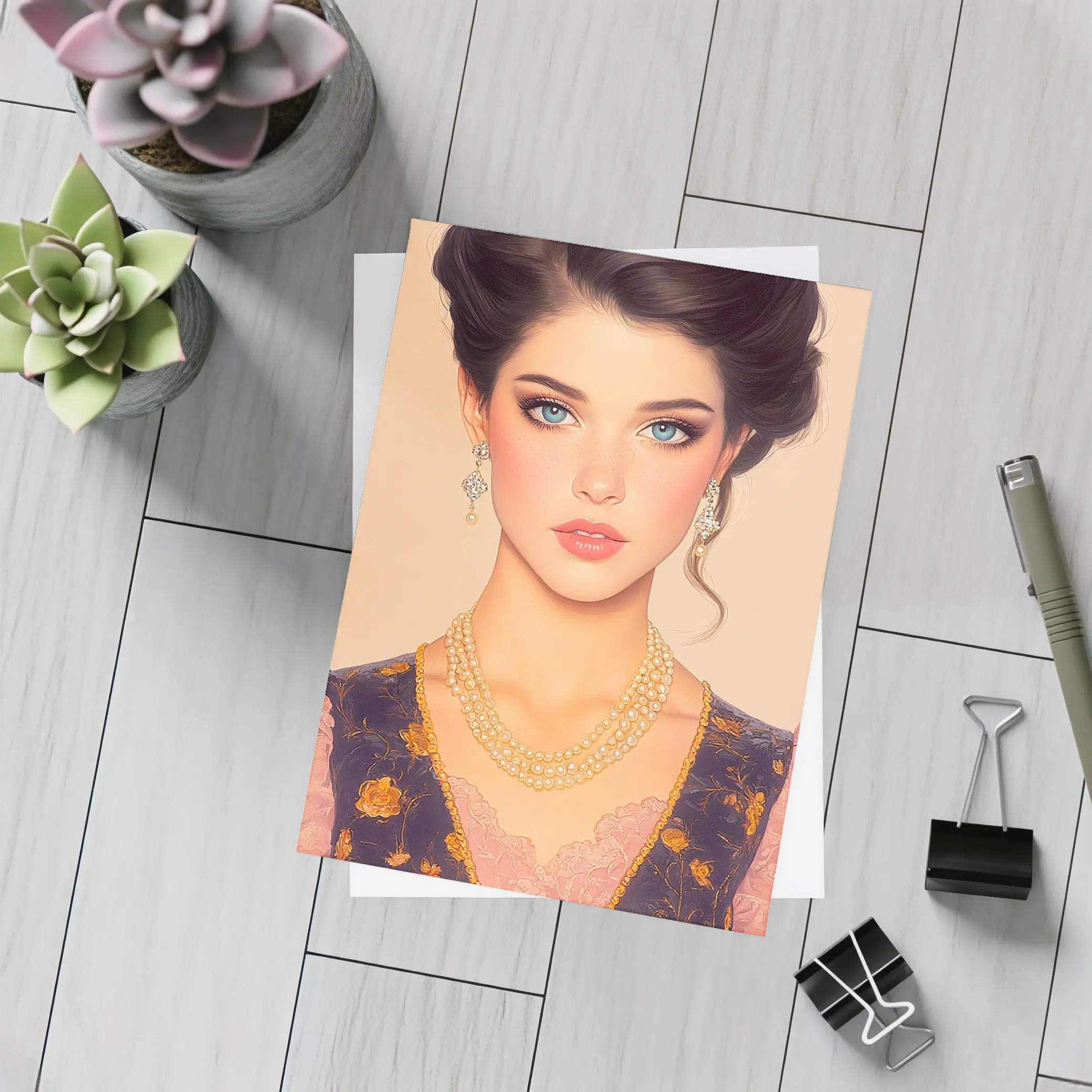 Elegant Dark Haired Woman Portrait Illustration Art – Postcards