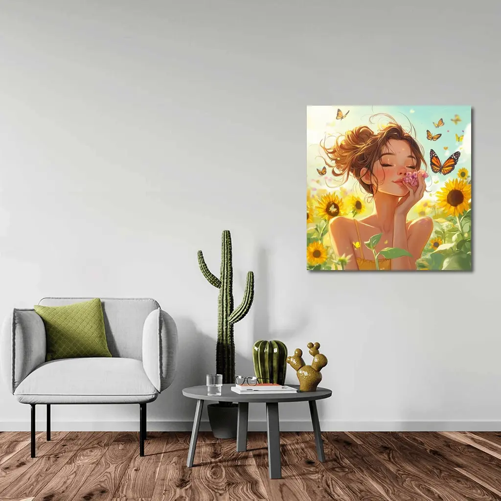 Anime Girl Smelling Flowers Sunflower Field – Wall Art