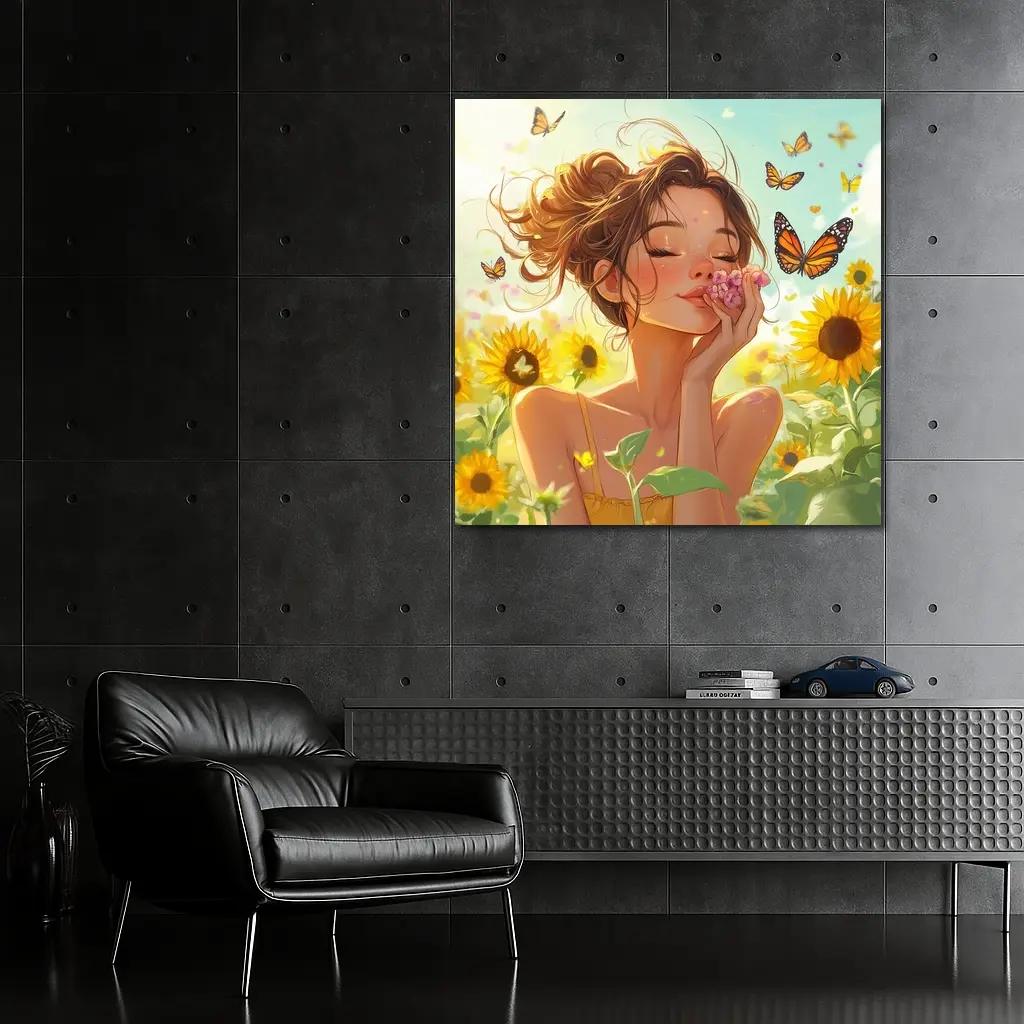 Anime Girl Smelling Flowers Sunflower Field – Wall Art