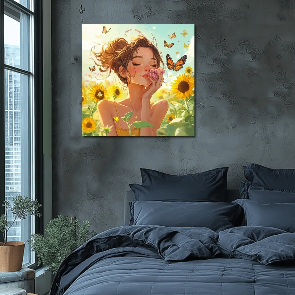 Anime Girl Smelling Flowers Sunflower Field – Wall Art