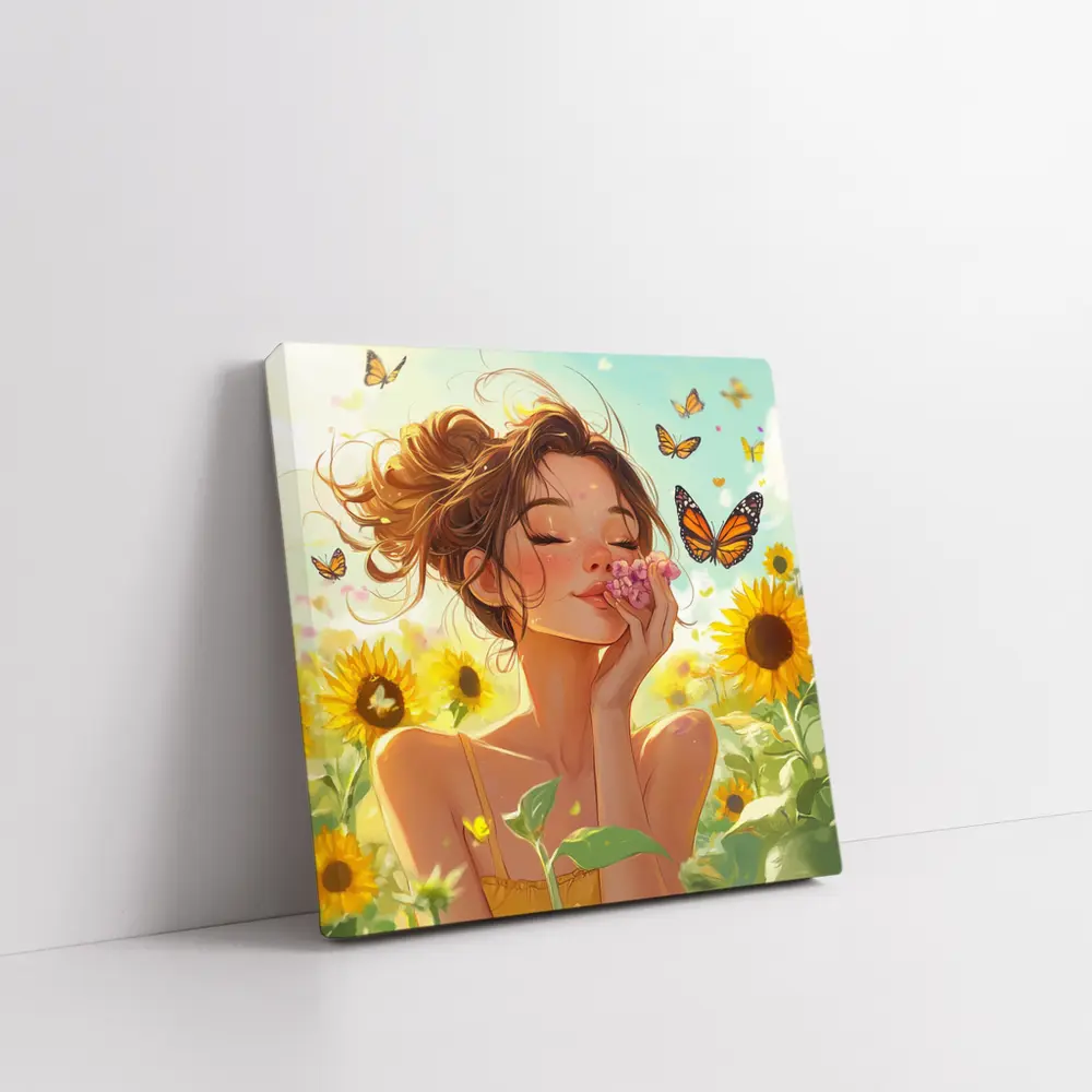 Anime Girl Smelling Flowers Sunflower Field – Wall Art