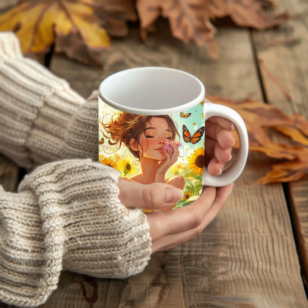 Anime Girl Smelling Flowers Sunflower Field – Mugs