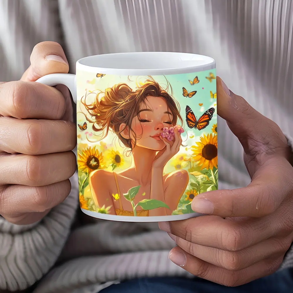 Anime Girl Smelling Flowers Sunflower Field – Mugs
