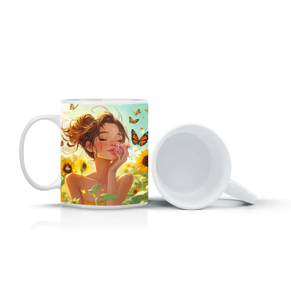Anime Girl Smelling Flowers Sunflower Field – Mugs