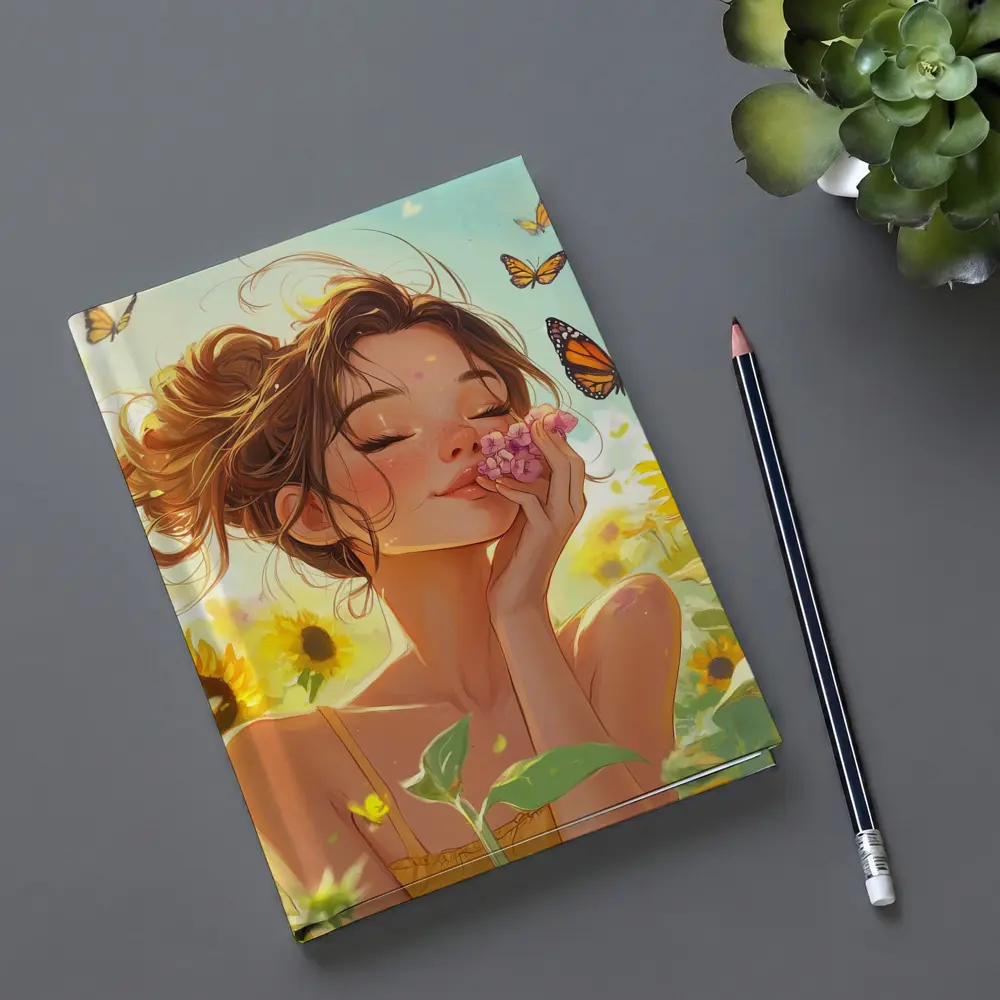 Anime Girl Smelling Flowers Sunflower Field – Notebooks