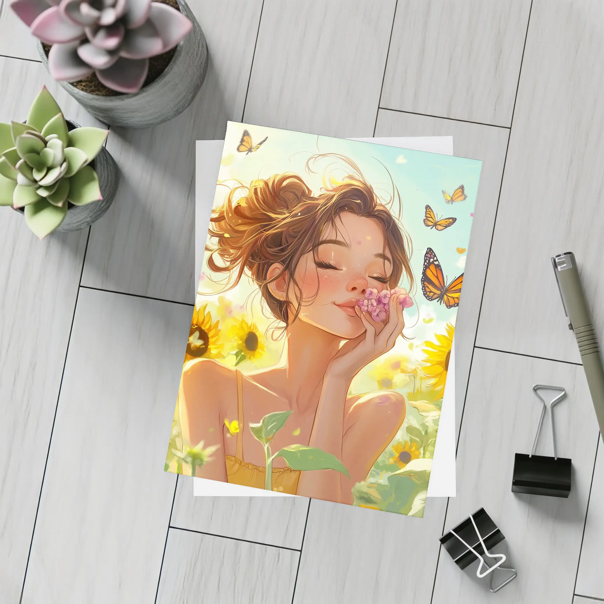 Anime Girl Smelling Flowers Sunflower Field – Postcards