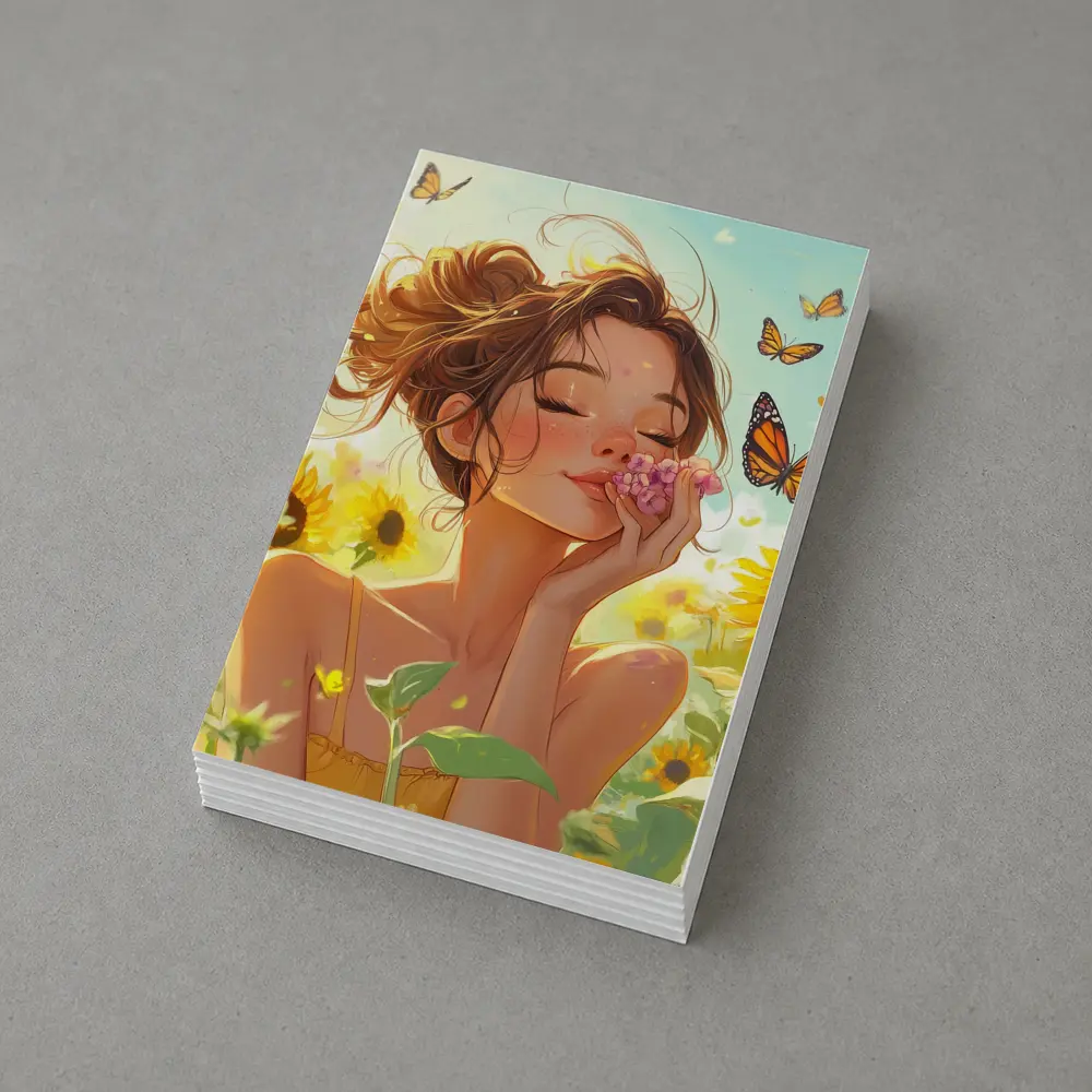 Anime Girl Smelling Flowers Sunflower Field – Postcards