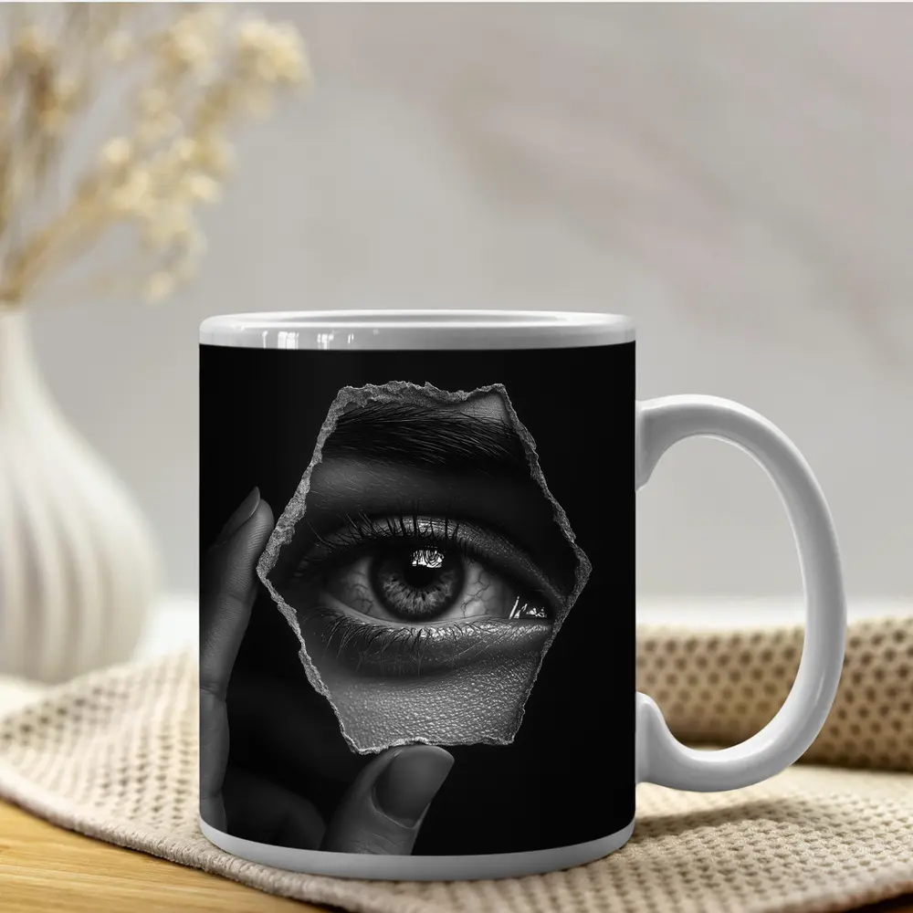 Hand Holding Eye Hexagon Black White – Mugs