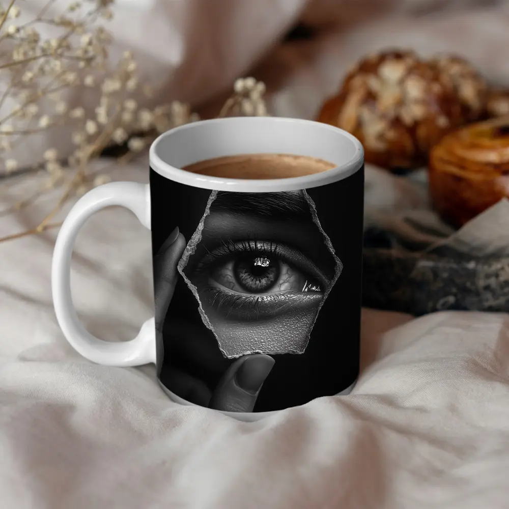 Hand Holding Eye Hexagon Black White – Mugs