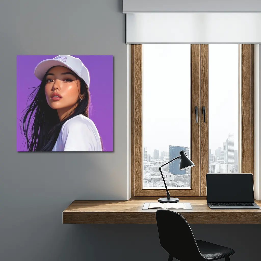 Asian Woman White Cap Purple Background Art – Wall Art