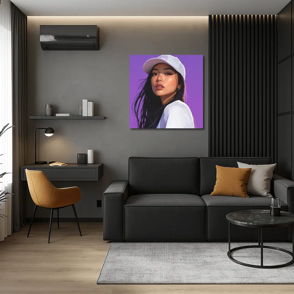 Asian Woman White Cap Purple Background Art – Wall Art