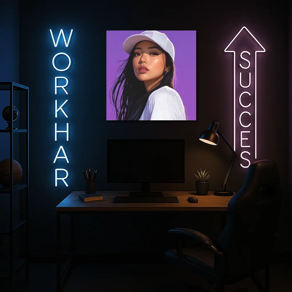 Asian Woman White Cap Purple Background Art – Wall Art