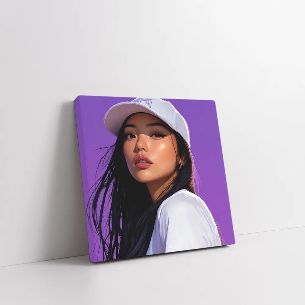 Asian Woman White Cap Purple Background Art – Wall Art