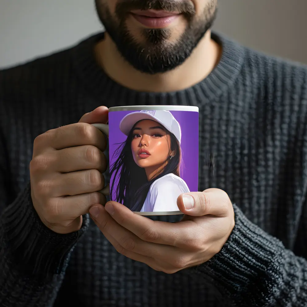 Asian Woman White Cap Purple Background Art – Mugs