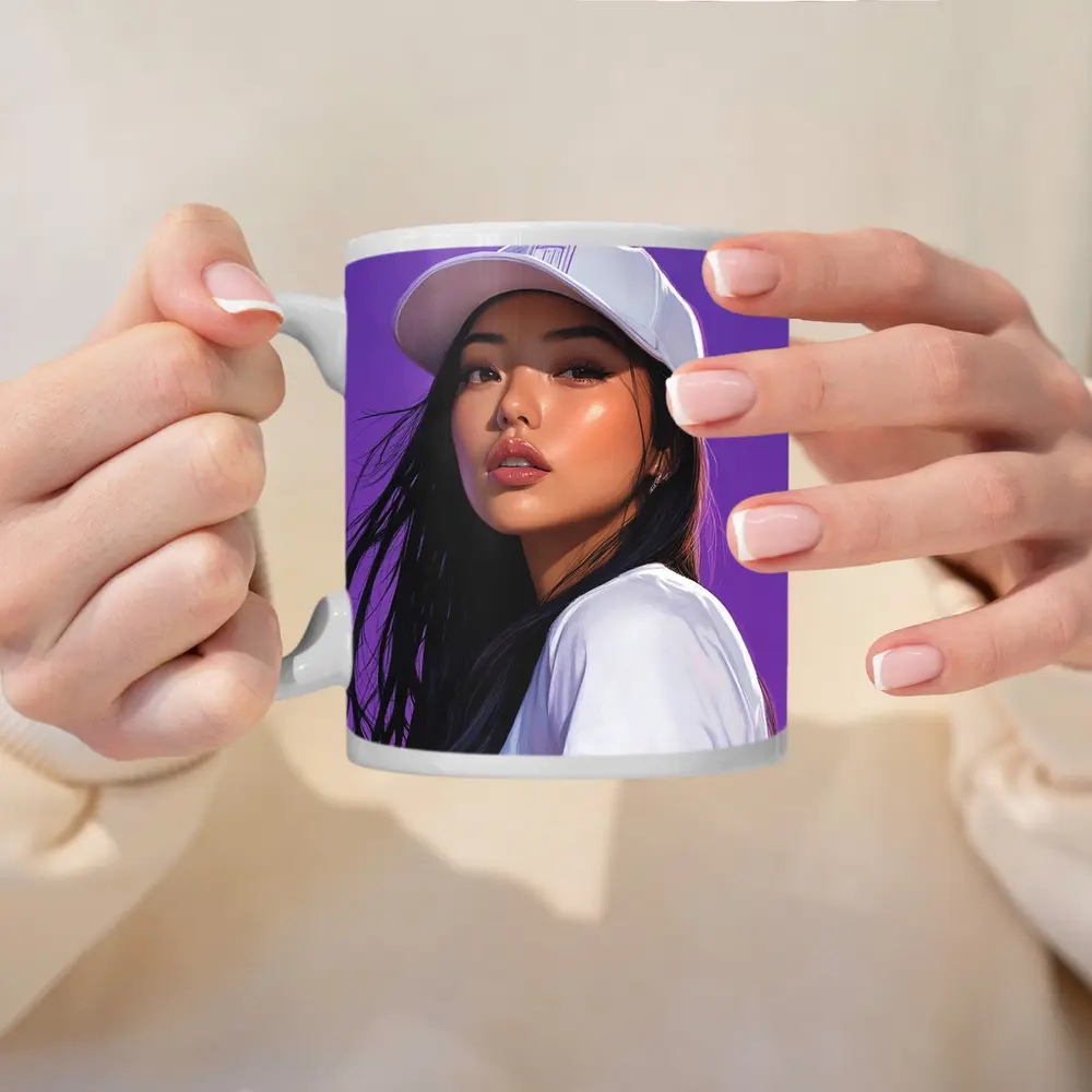 Asian Woman White Cap Purple Background Art – Mugs