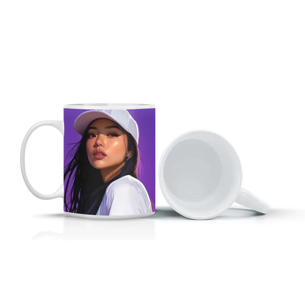 Asian Woman White Cap Purple Background Art – Mugs