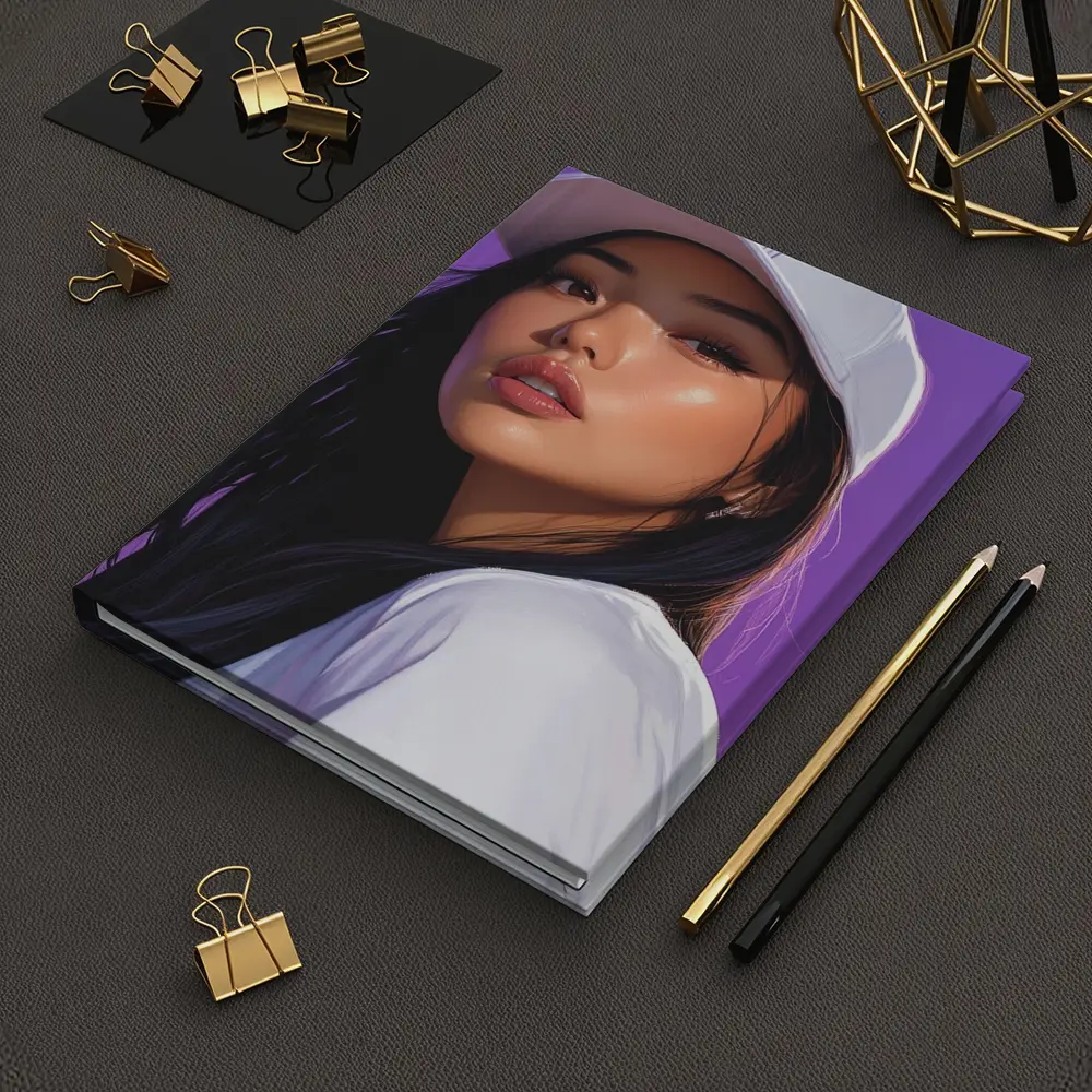 Asian Woman White Cap Purple Background Art – Notebooks