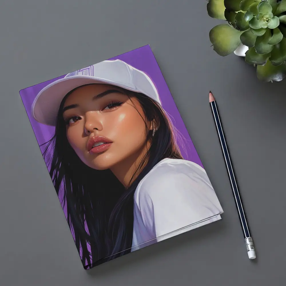 Asian Woman White Cap Purple Background Art – Notebooks