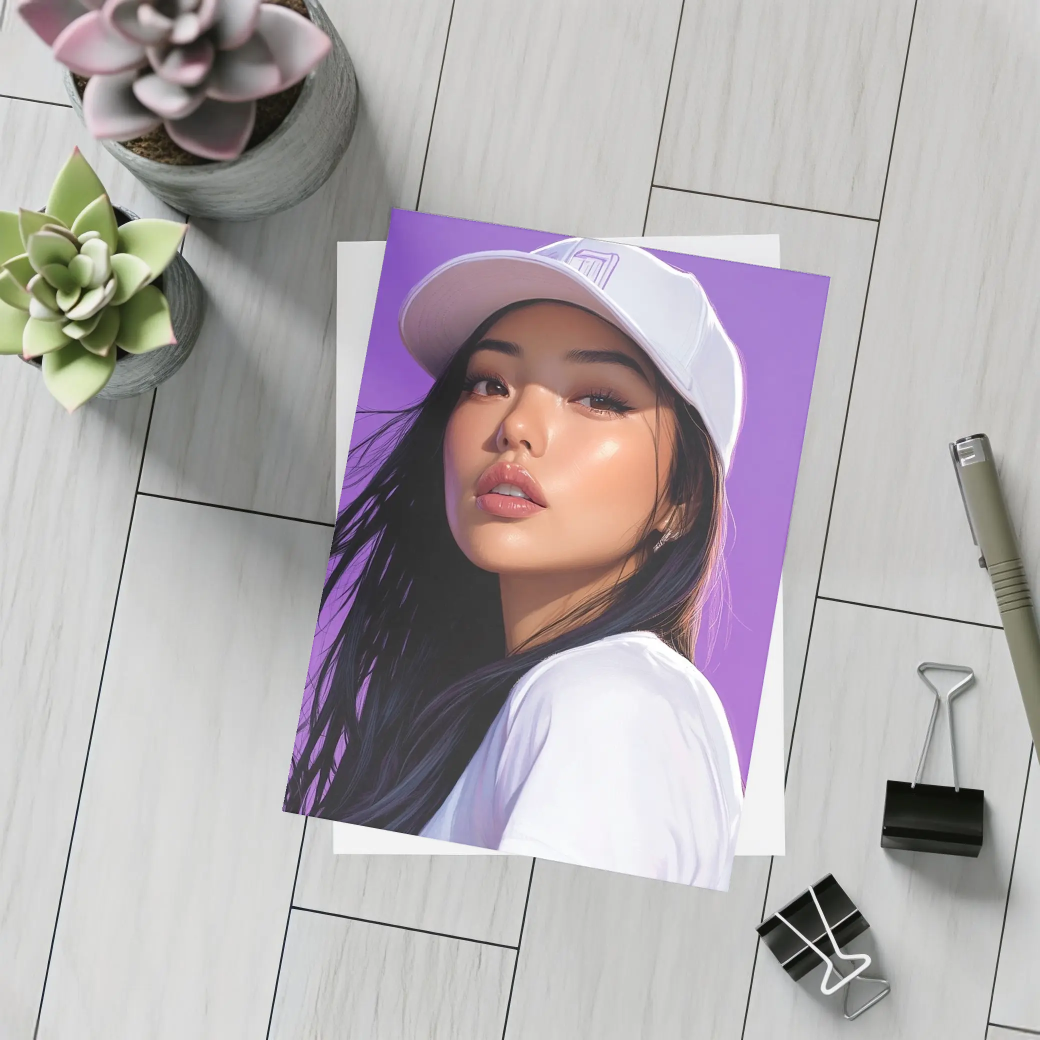 Asian Woman White Cap Purple Background Art – Postcards