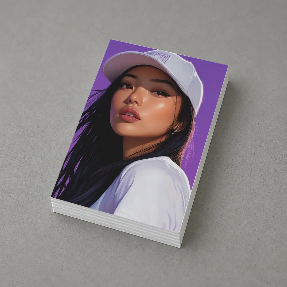 Asian Woman White Cap Purple Background Art – Postcards