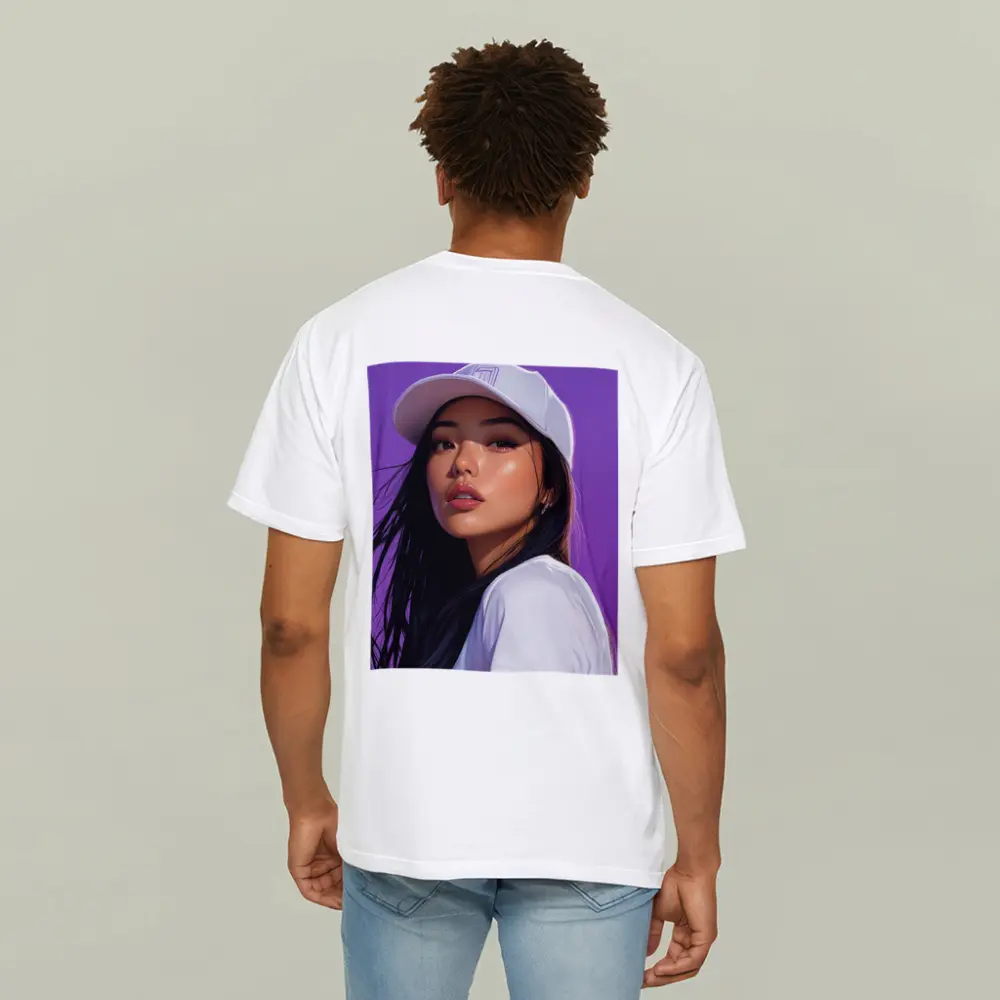 Asian Woman White Cap Purple Background Art – T-Shirts