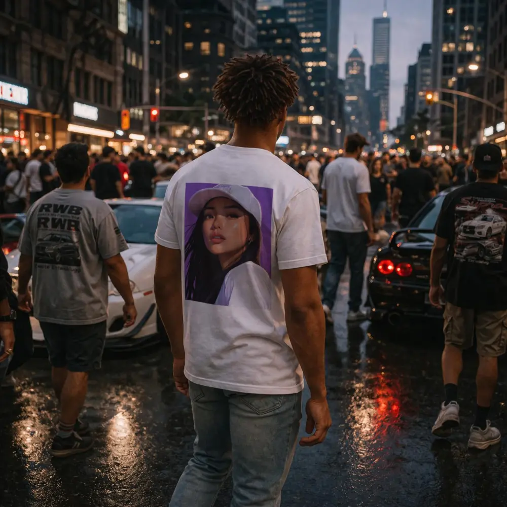 Asian Woman White Cap Purple Background Art – T-Shirts