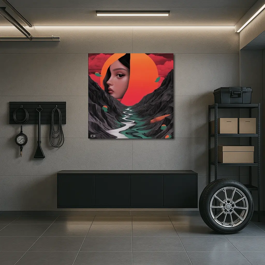 Woman Face Surreal Mountain River Sunset Art – Wall Art
