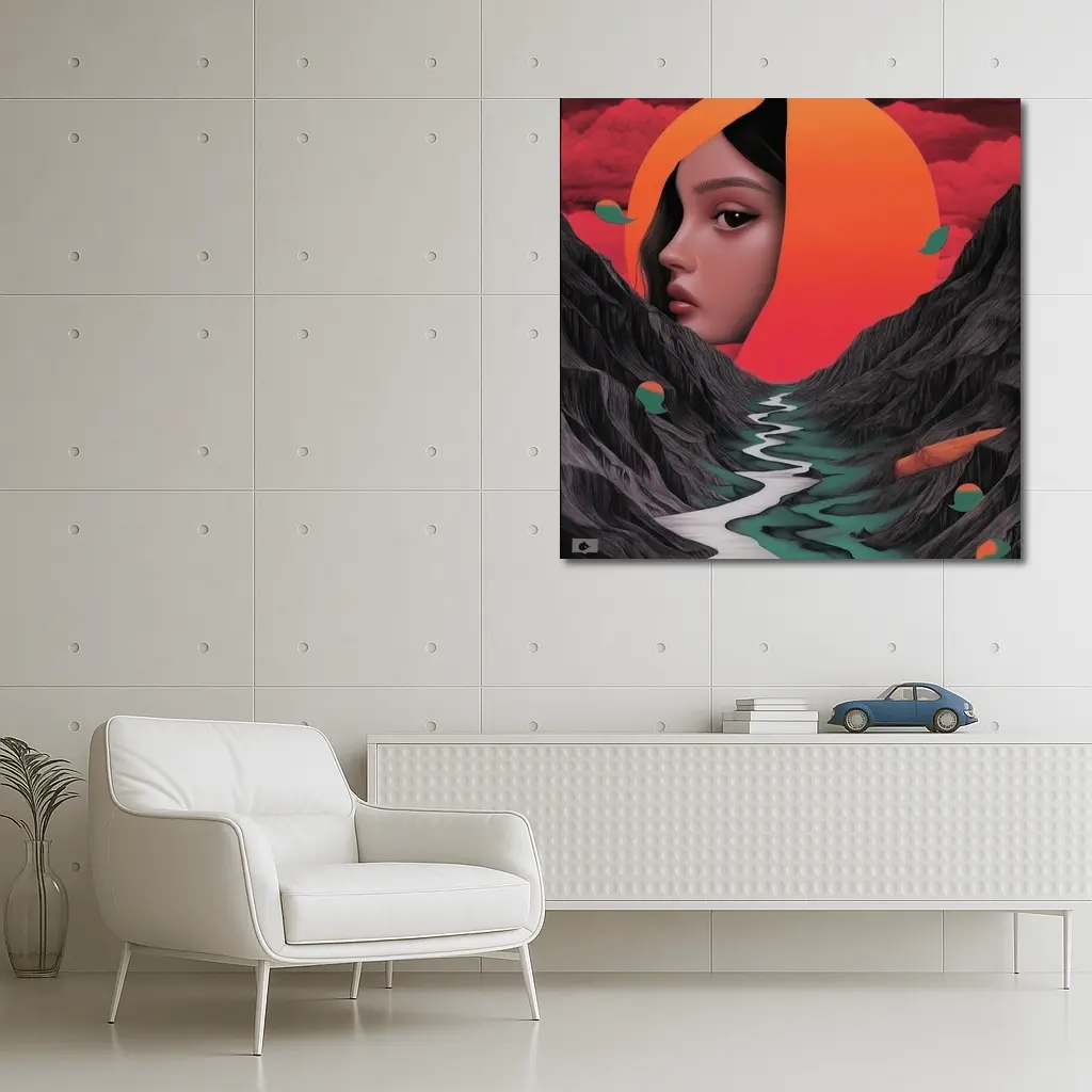 Woman Face Surreal Mountain River Sunset Art – Wall Art