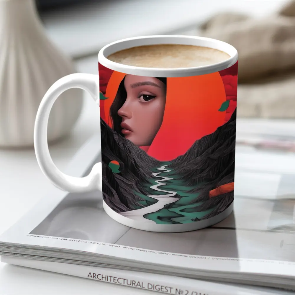 Woman Face Surreal Mountain River Sunset Art – Mugs