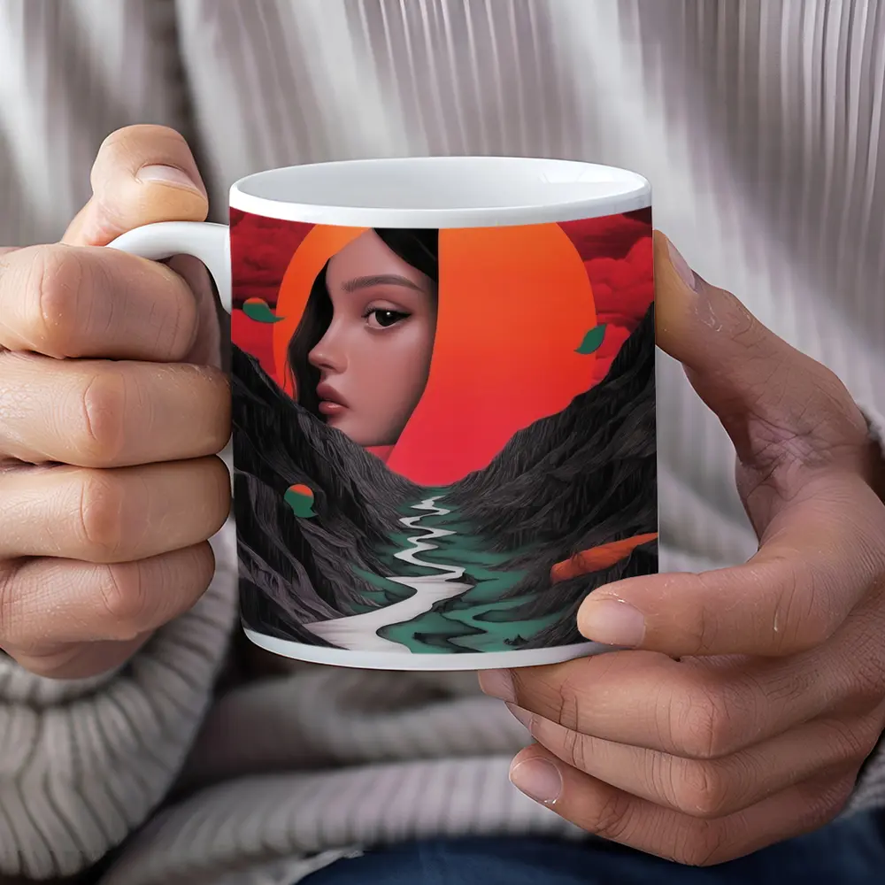 Woman Face Surreal Mountain River Sunset Art – Mugs