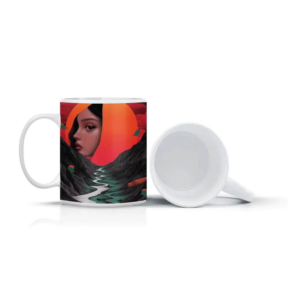 Woman Face Surreal Mountain River Sunset Art – Mugs