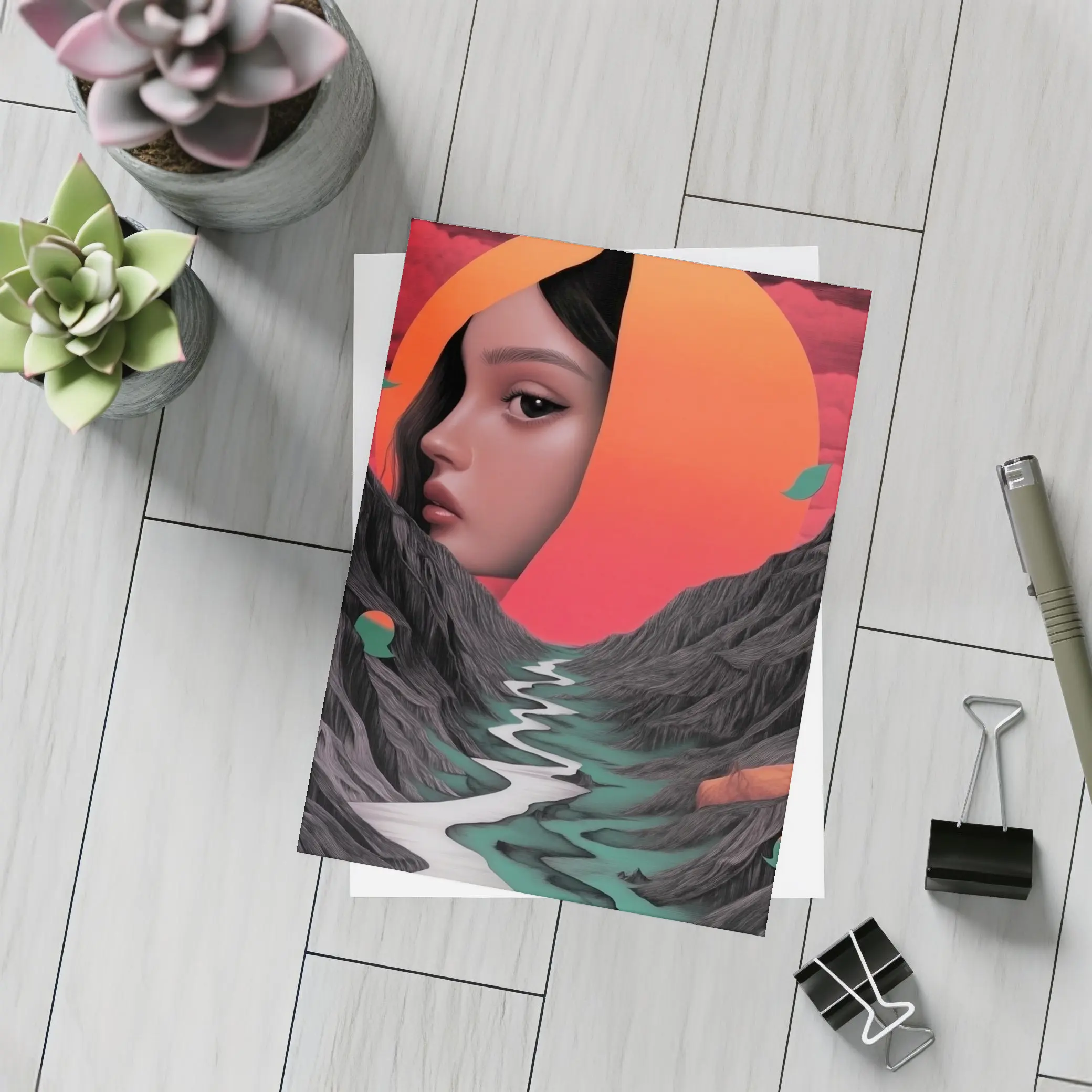 Woman Face Surreal Mountain River Sunset Art – Postcards